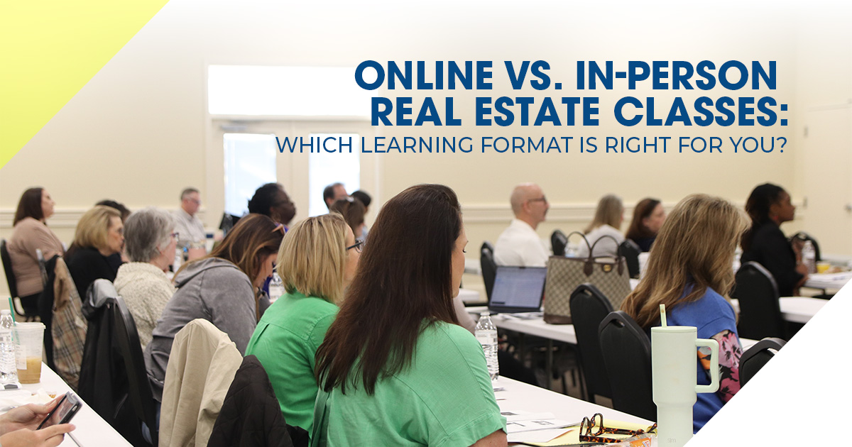 Students attend an in-person real estate class, highlighting the comparison between classroom and online learning formats.